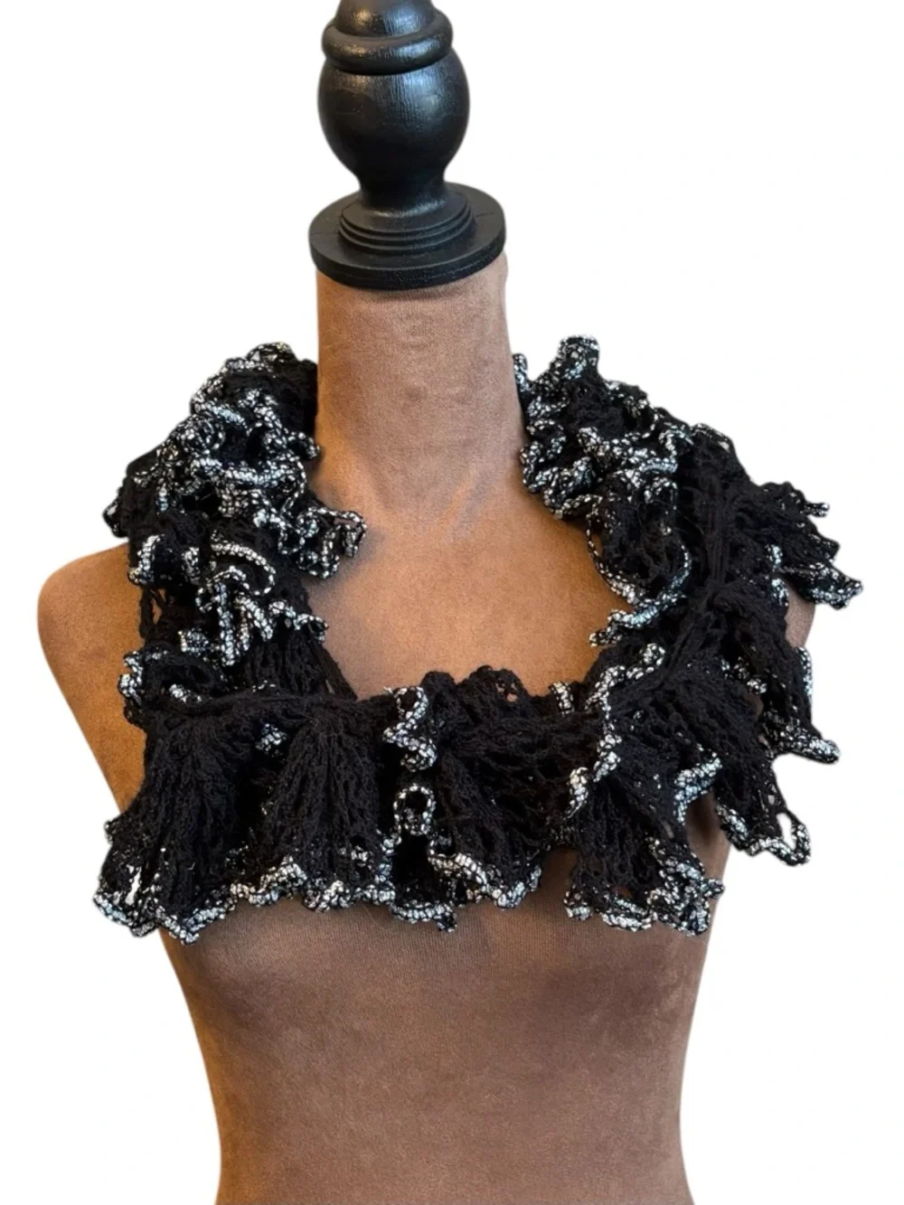 Black Silver Trim‎ Twisted Crochet Ruffled Scarf Long 66” Boho Boutique Preppy